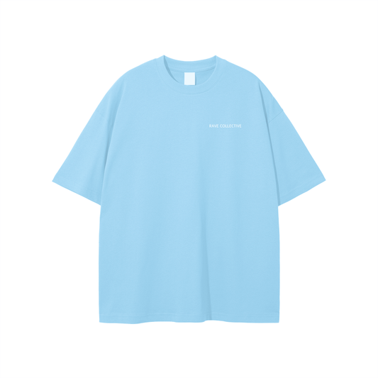 Light Blue Oversized Unisex Rave T-Shirt - White on Blue