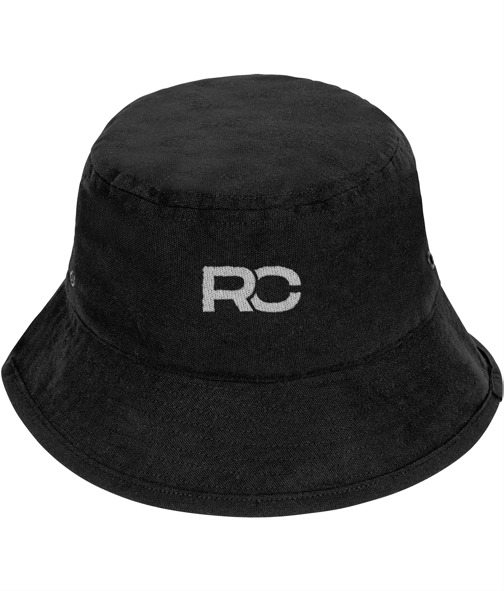 Black and silver rave bucket hat with embroidered RC logo, front view