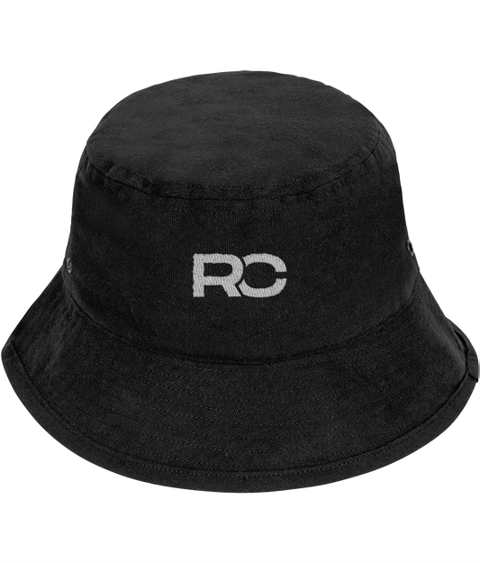 Black and silver rave bucket hat with embroidered RC logo, front view