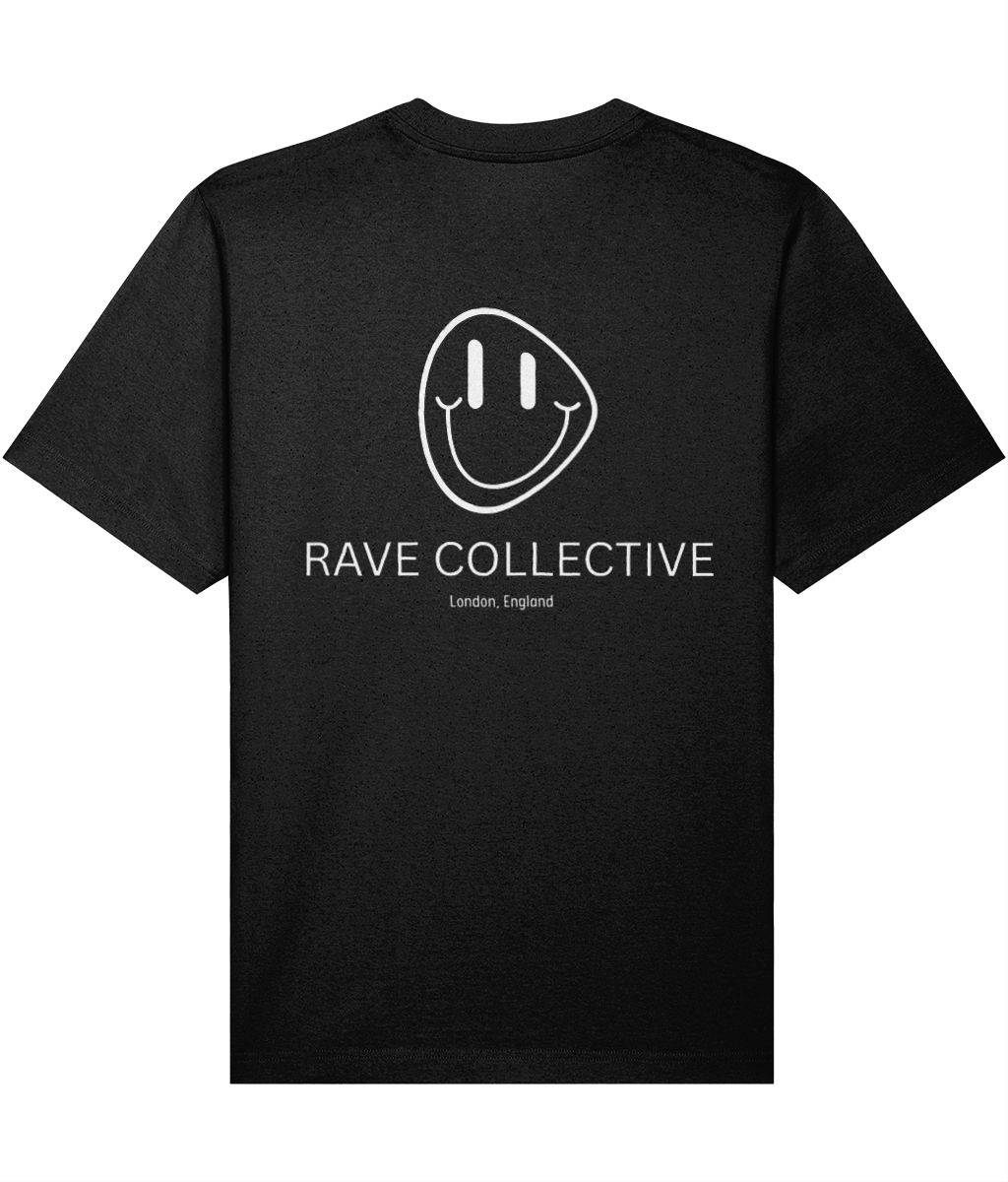 Black oversized acid house rave t-shirt with Rave Collective logo, back view