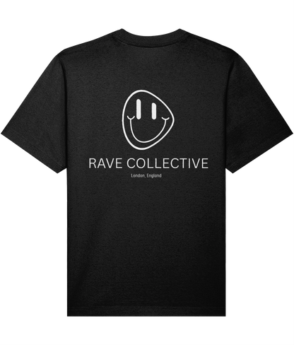 Black oversized acid house rave t-shirt with Rave Collective logo, back view