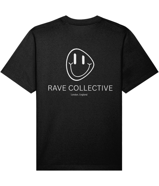 Black oversized acid house rave t-shirt with Rave Collective logo, back view