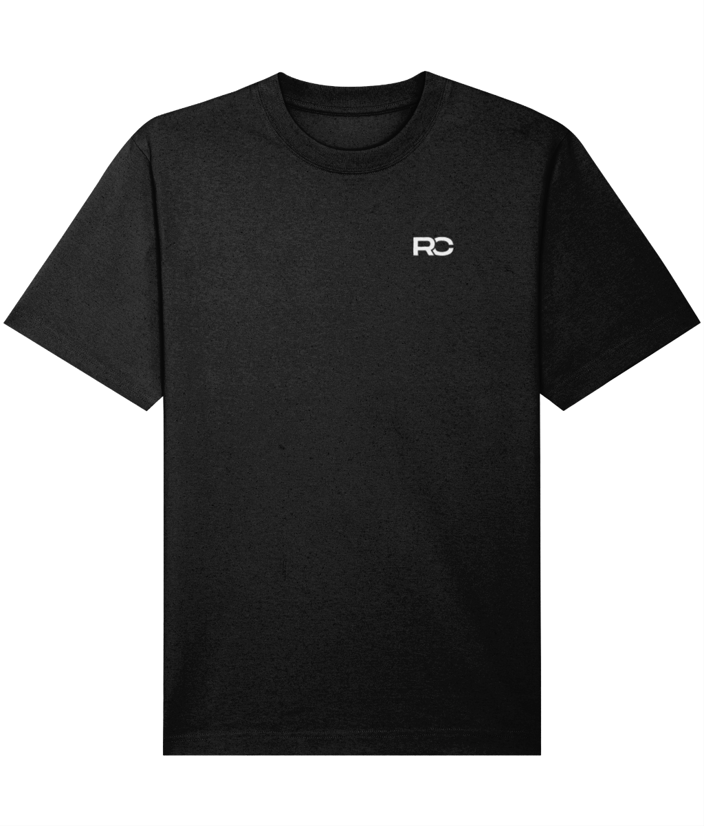 Black oversized acid house rave t-shirt with Rave Collective logo, front view