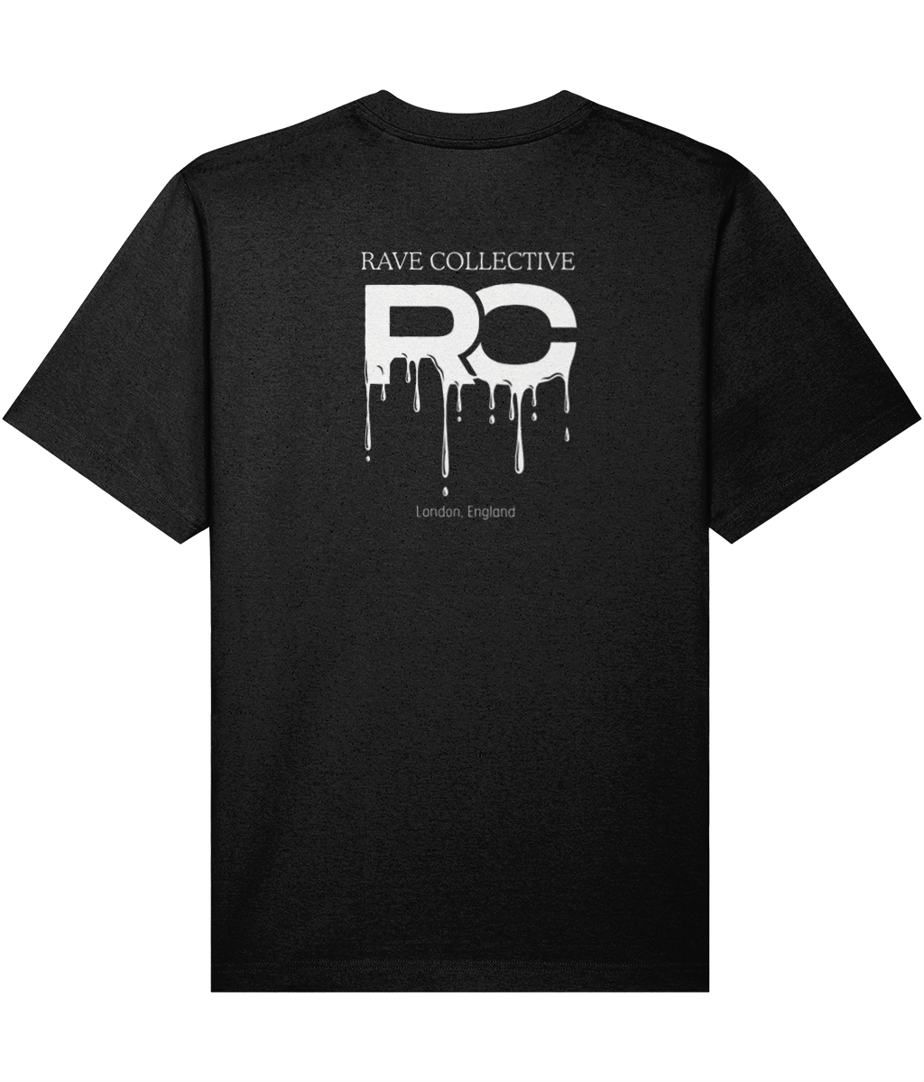 Black oversized drip rave t-shirt with RC drip logo design, back view