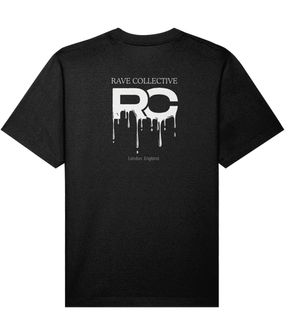 Black oversized drip rave t-shirt with RC drip logo design, back view