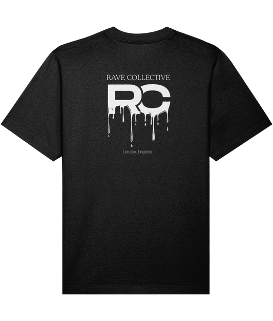Black oversized drip rave t-shirt with RC drip logo design, back view