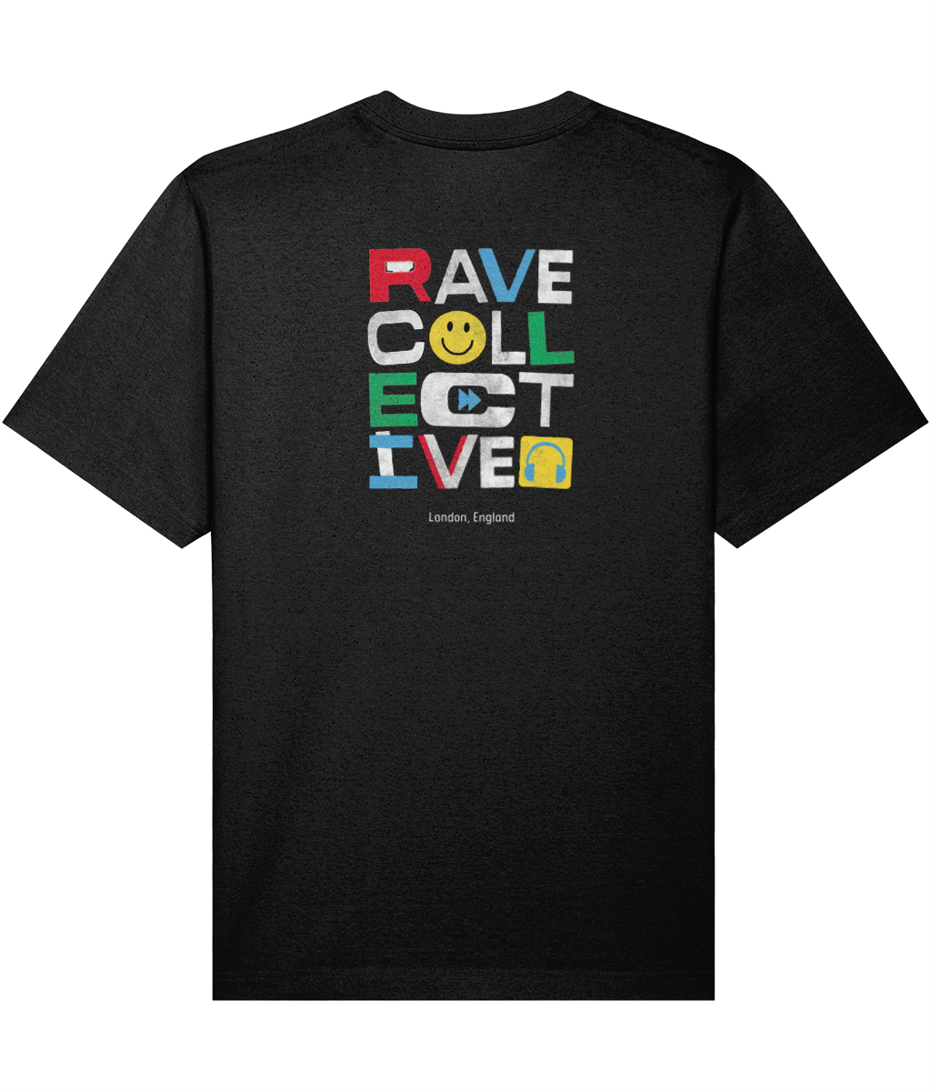 Black oversized london rave t-shirt with colourful Rave Collective back print, back view