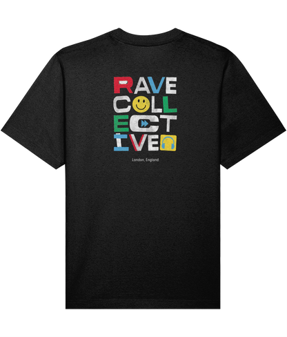 Black oversized london rave t-shirt with colourful Rave Collective back print, back view