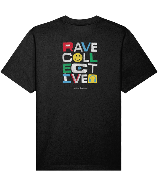 Black oversized london rave t-shirt with colourful Rave Collective back print, back view