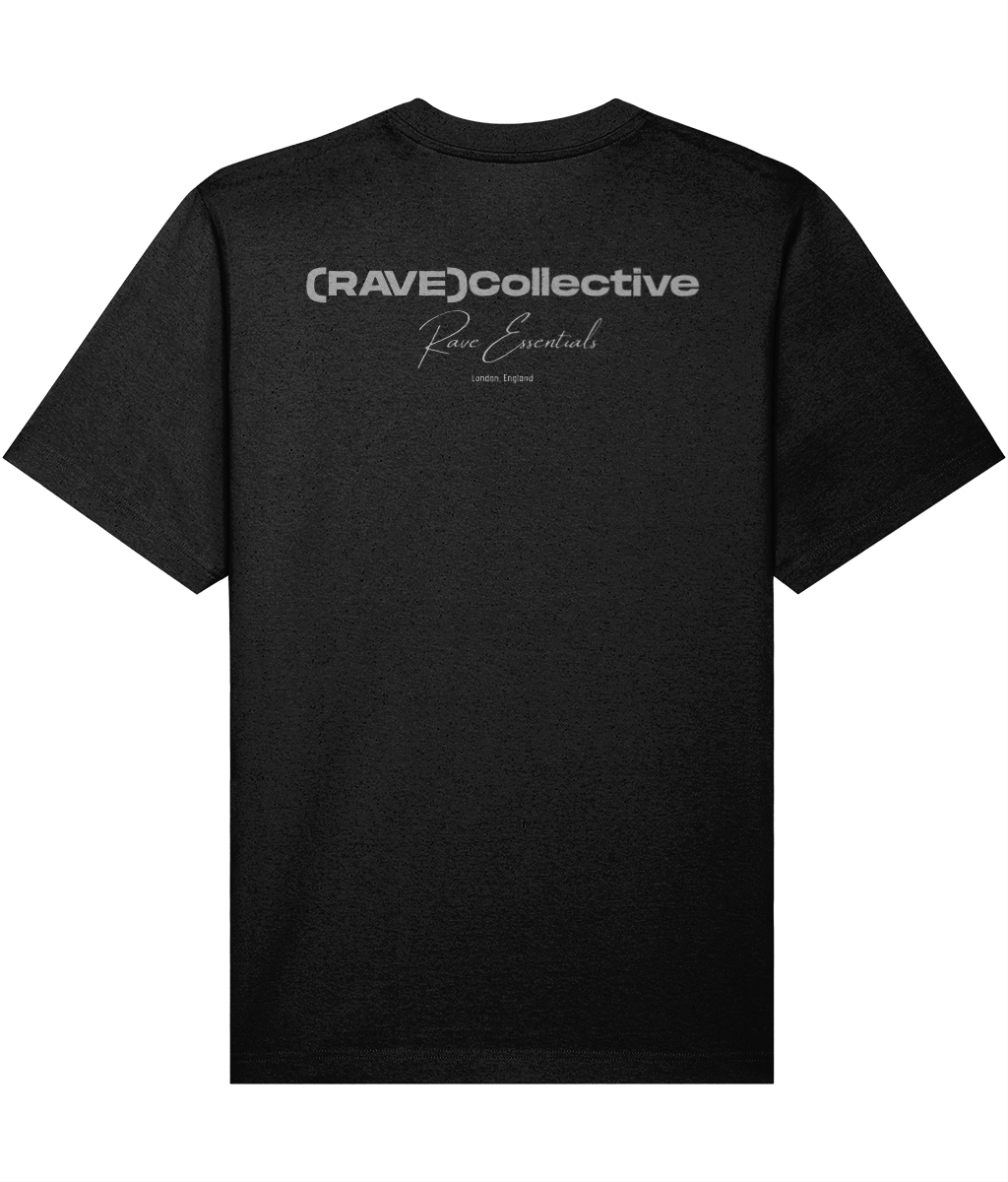 black oversized rave essentials t-shirt with tonal grey back print, rear view