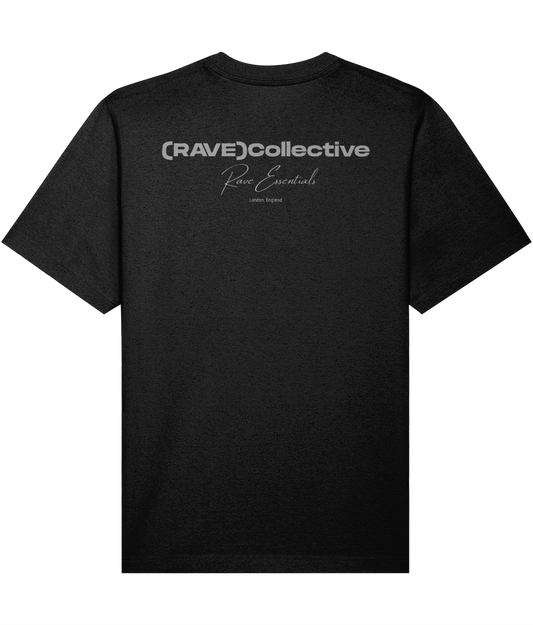 black oversized rave essentials t-shirt with tonal grey back print, rear view