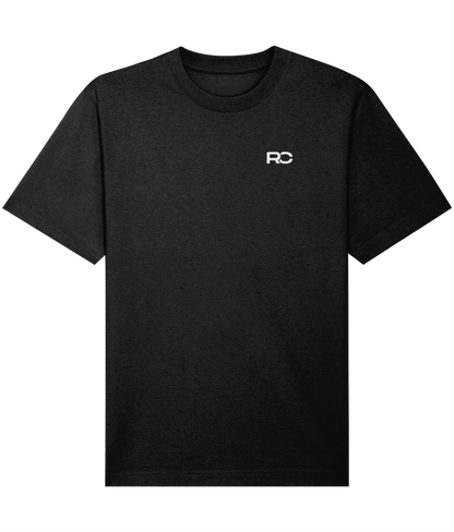 Black oversized rave tee with Rave Collective back print, front view