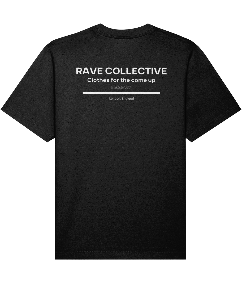 Black oversized rave tee with Rave Collective back print, rear view