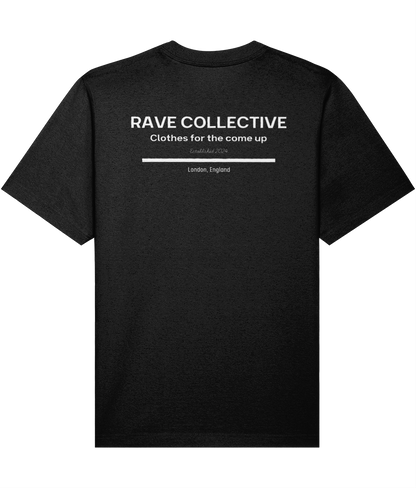 Black oversized rave tee with Rave Collective back print, rear view