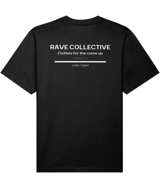 Black oversized rave tee with Rave Collective back print, rear view