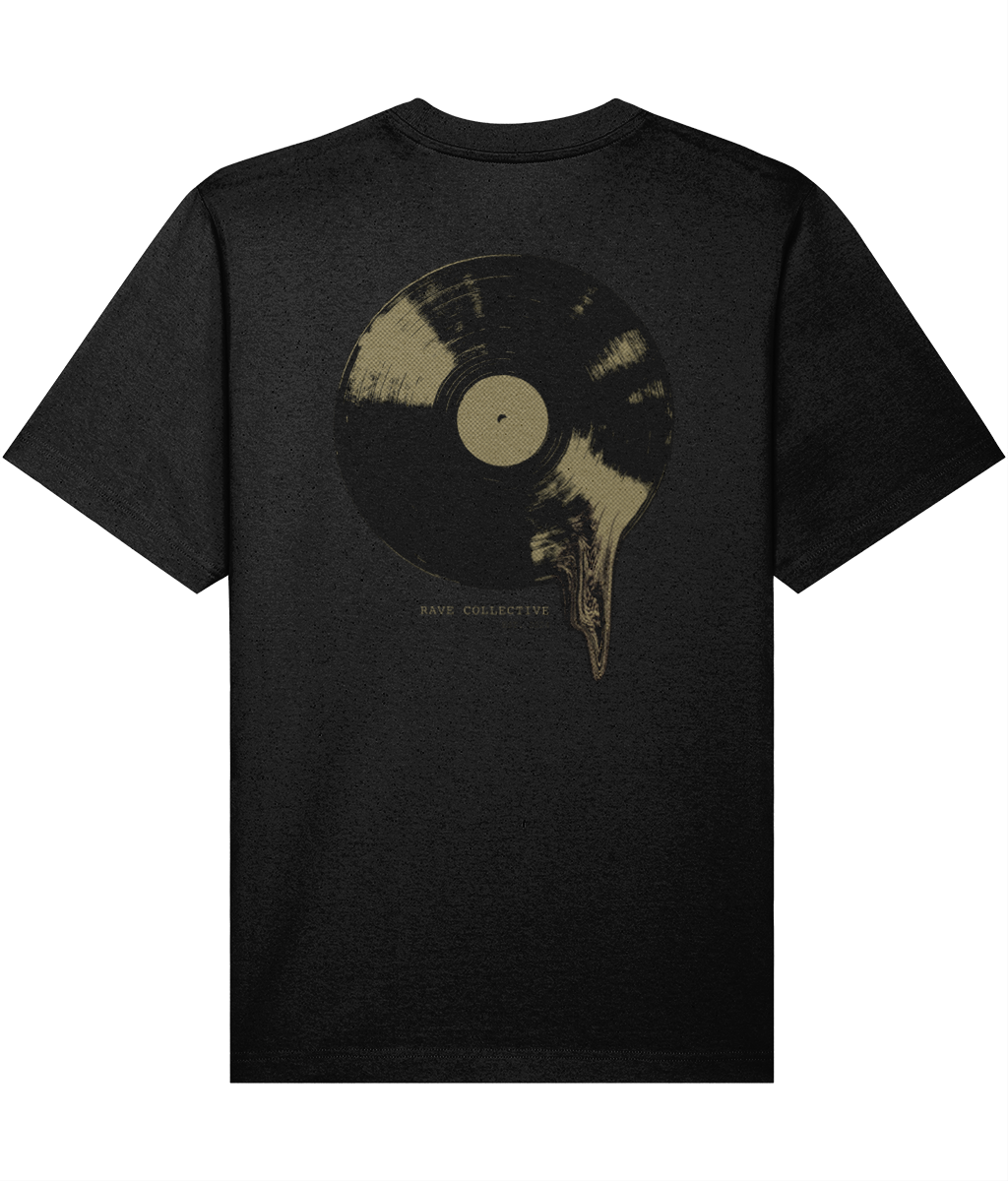 Black oversized vinyl rave t-shirt with vinyl record back print, back view