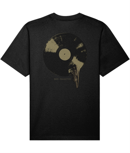 Black oversized vinyl rave t-shirt with vinyl record back print, back view