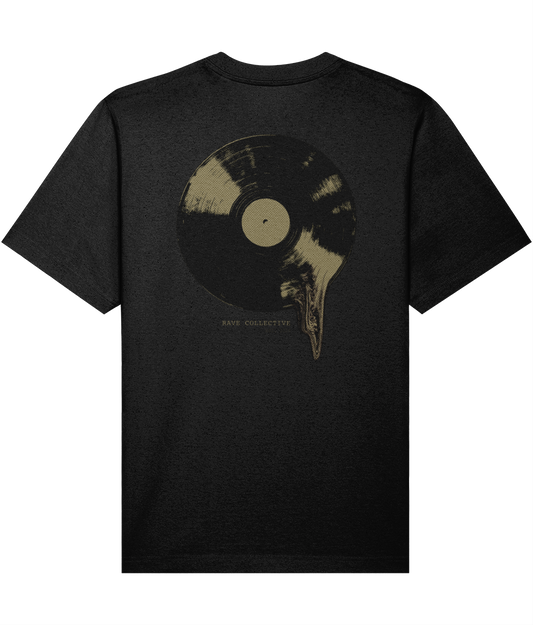 Black oversized vinyl rave t-shirt with vinyl record back print, back view