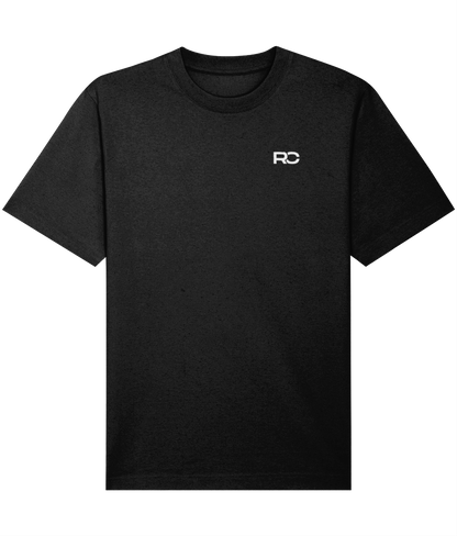 Black oversized vinyl rave t-shirt with vinyl record back print, front view