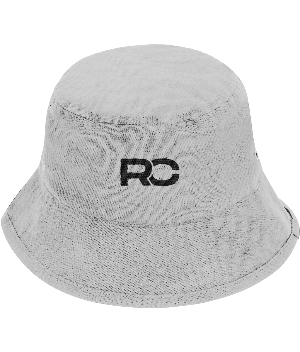 Grey and Black rave bucket hat with embroidered RC logo, front view