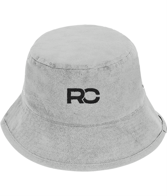 Grey and Black rave bucket hat with embroidered RC logo, front view
