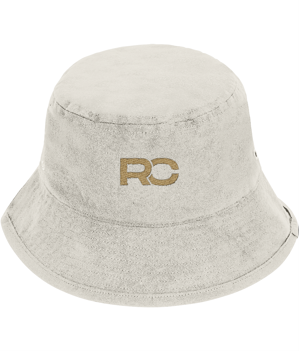 Natural Raw/Off White and gold rave bucket hat with embroidered RC logo, front view