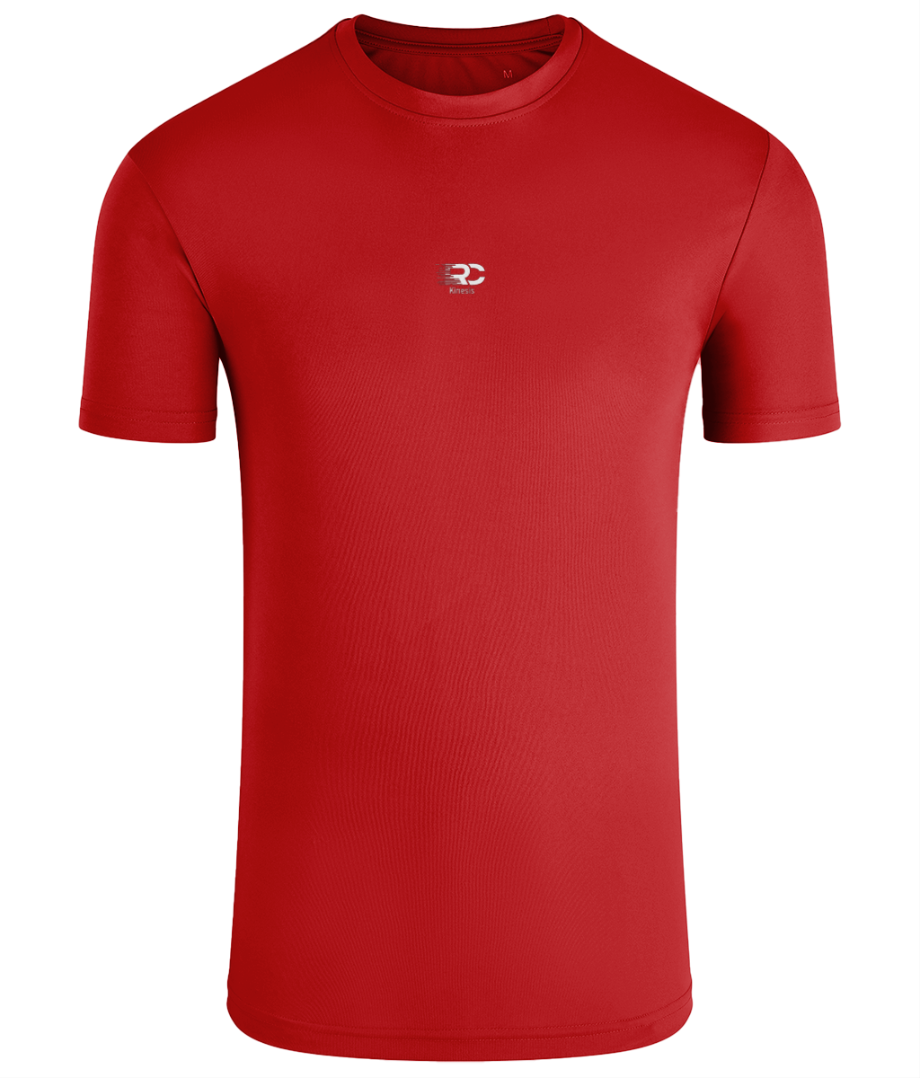 Red activewear tech t-shirt, lightweight performance rave tee, front view