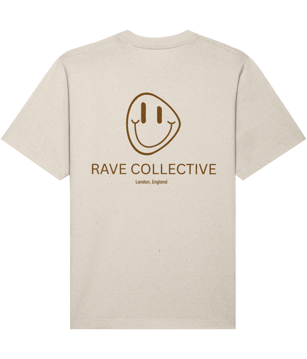 Stone colour oversized acid house rave t-shirt with Rave Collective logo, back view