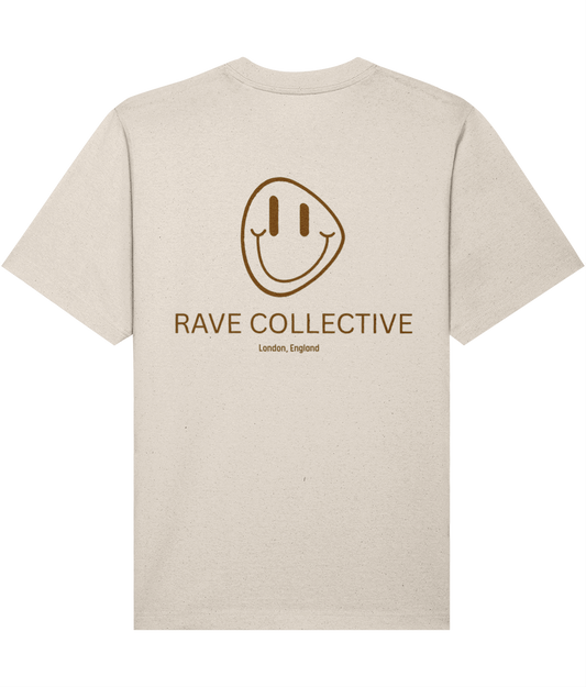 Stone colour oversized acid house rave t-shirt with Rave Collective logo, back view