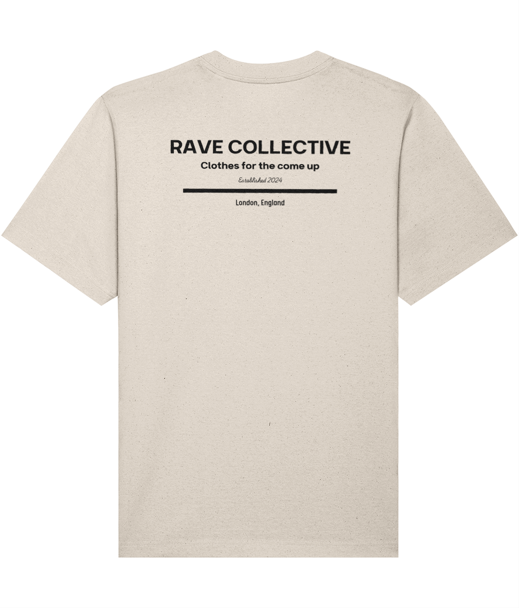 Stone oversized rave tee with Rave Collective back print, rear view