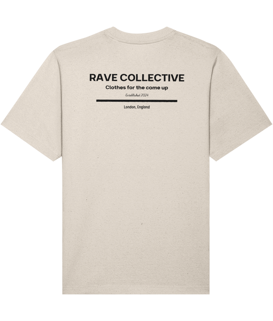 Stone oversized rave tee with Rave Collective back print, rear view