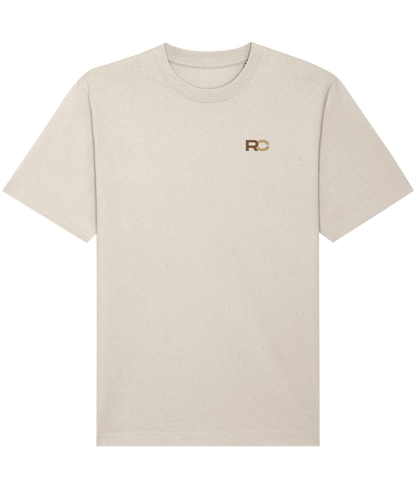 Stone oversized signature rave t-shirt with RC logo back print in red and blue, front view