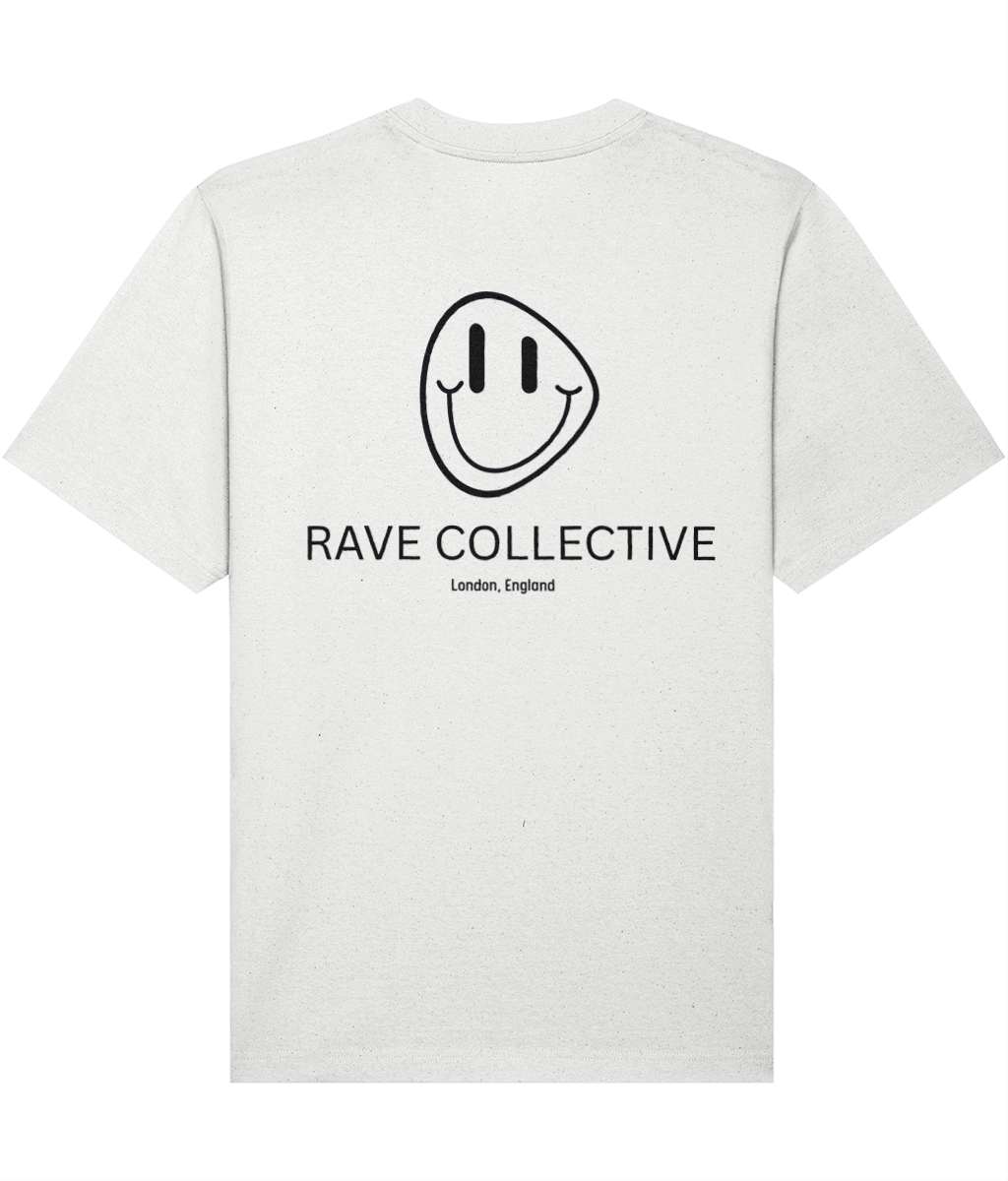 White oversized acid house rave t-shirt with Rave Collective logo, back view