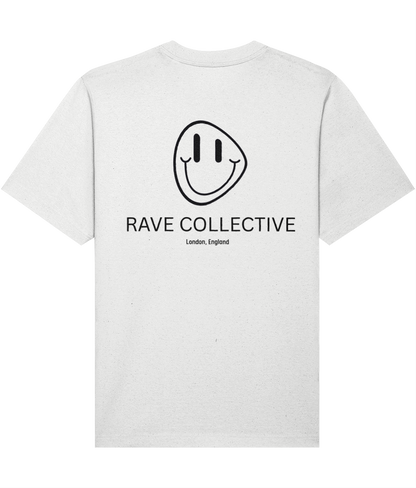 White oversized acid house rave t-shirt with Rave Collective logo, back view