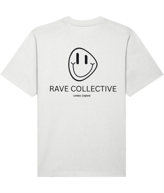 White oversized acid house rave t-shirt with Rave Collective logo, back view