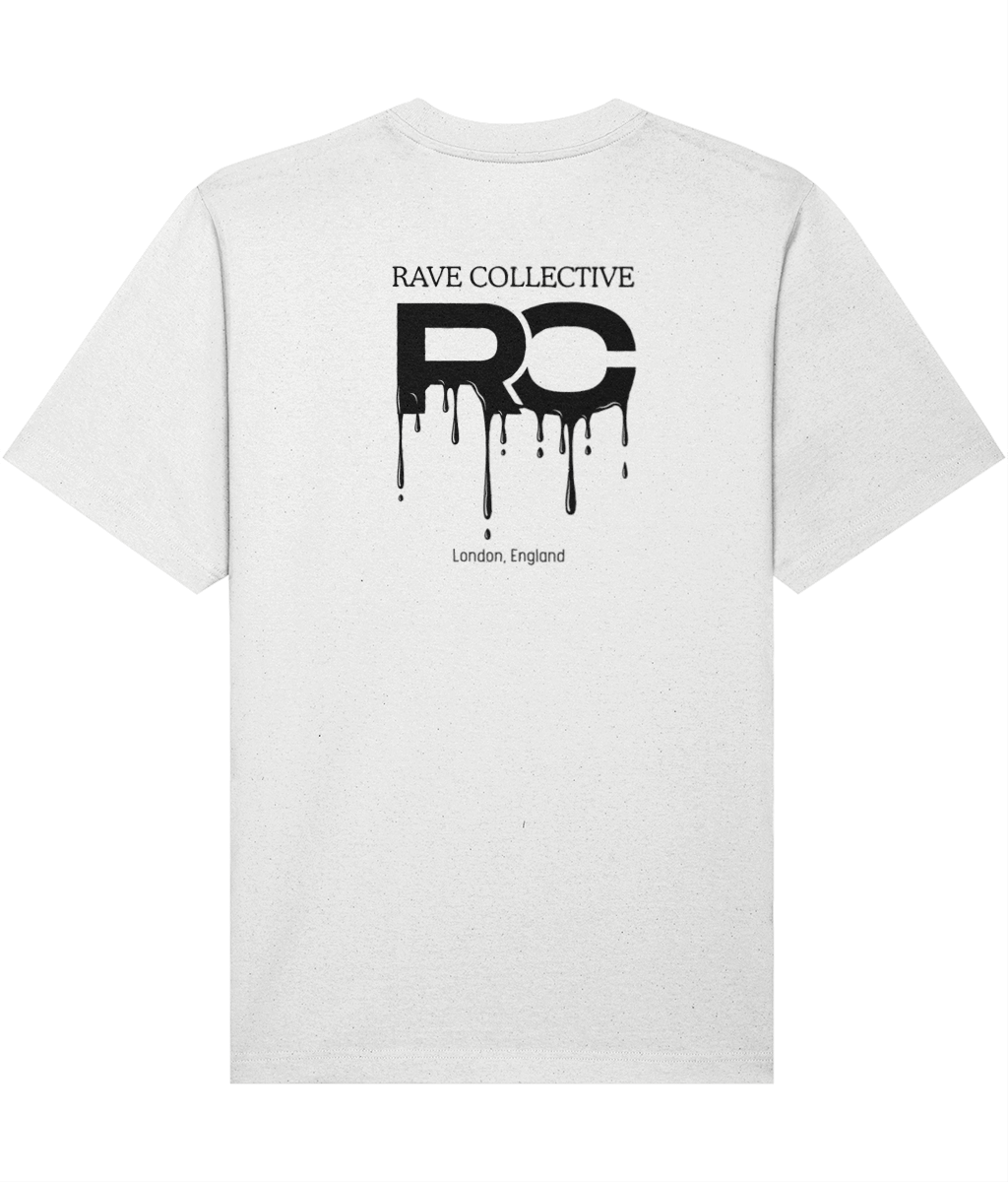 White oversized drip rave t-shirt with RC drip logo design, back view