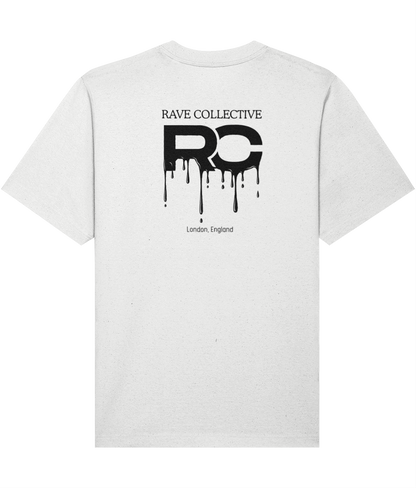 White oversized drip rave t-shirt with RC drip logo design, back view