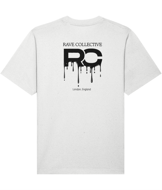 White oversized drip rave t-shirt with RC drip logo design, back view