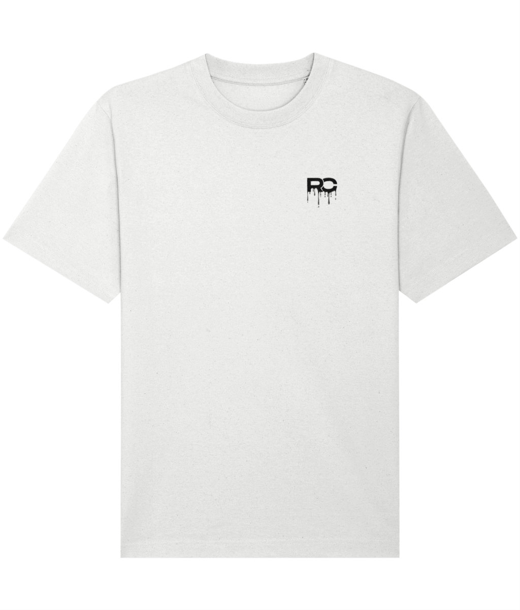 White oversized drip rave t-shirt with RC drip logo design, front view