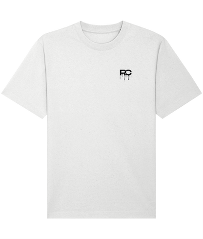 White oversized drip rave t-shirt with RC drip logo design, front view