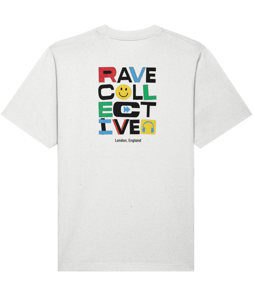 White oversized london rave t-shirt with colourful Rave Collective back print, rear view