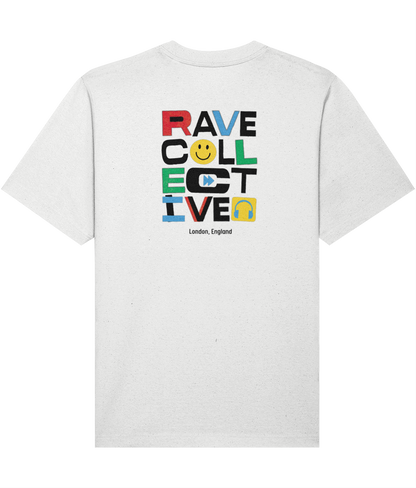 White oversized london rave t-shirt with colourful Rave Collective back print, rear view