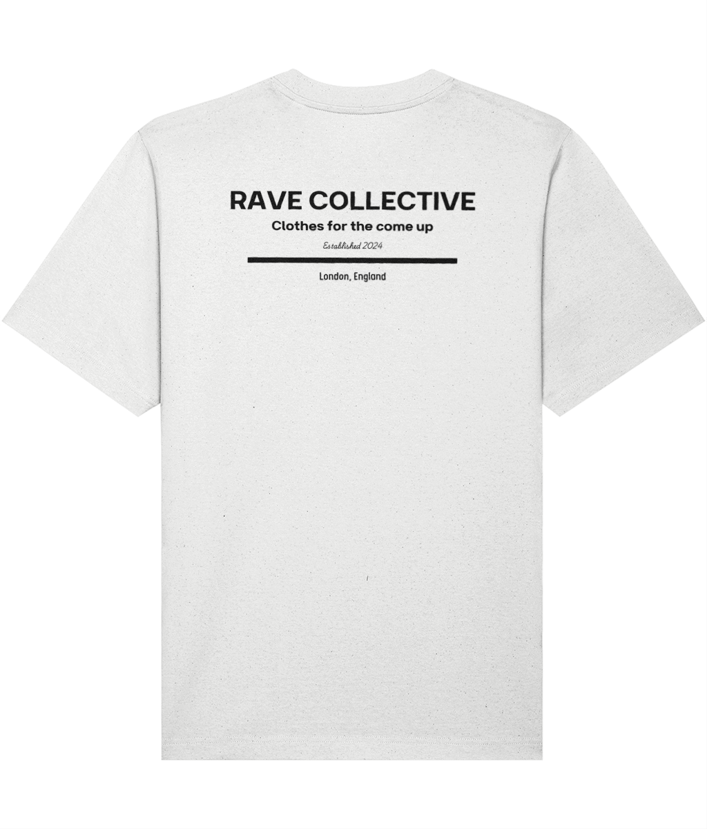 White oversized rave tee with Rave Collective back print, back view