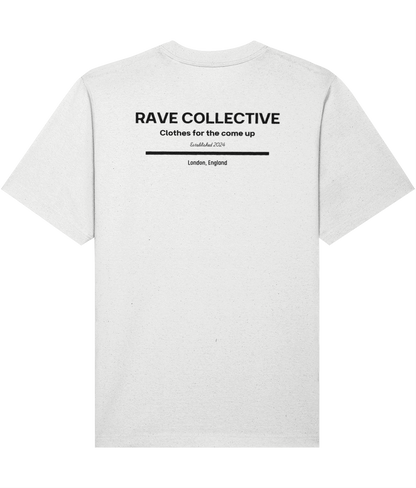 White oversized rave tee with Rave Collective back print, back view