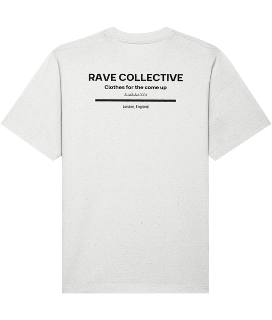 White oversized rave tee with Rave Collective back print, back view