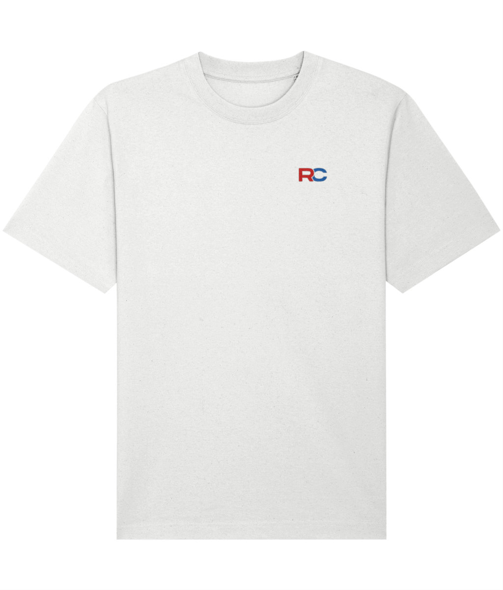 White oversized signature rave t-shirt with RC logo back print in red and blue, front view