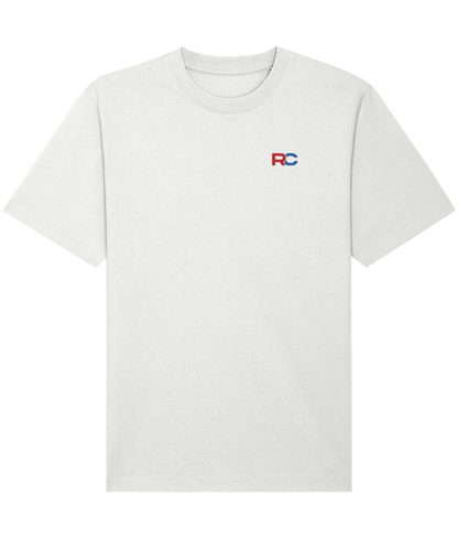 White oversized signature rave t-shirt with RC logo back print in red and blue, front view