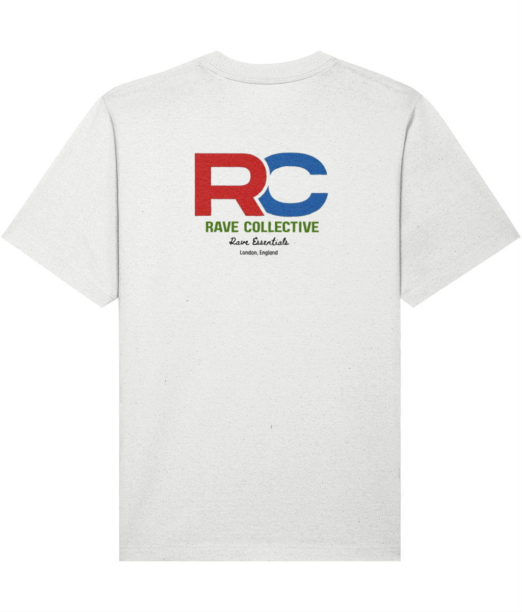 White oversized signature rave t-shirt with RC logo back print in red and blue, rear view