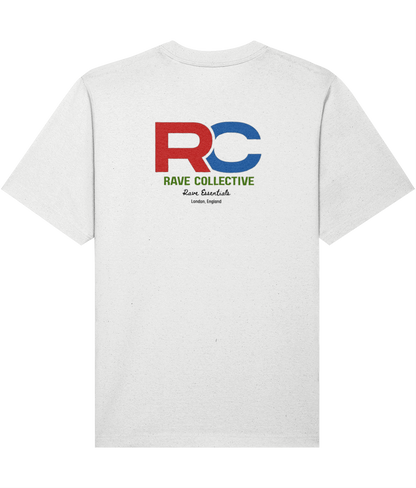 White oversized signature rave t-shirt with RC logo back print in red and blue, rear view
