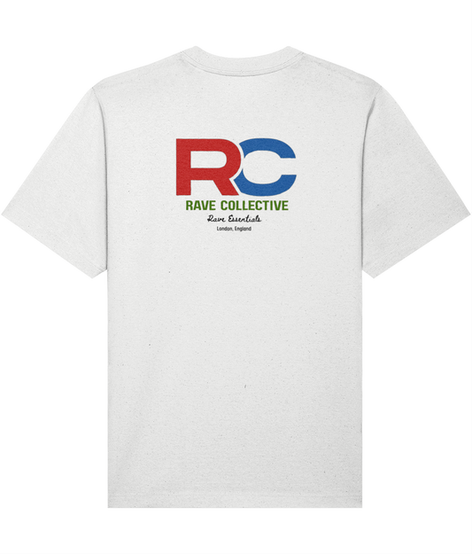 White oversized signature rave t-shirt with RC logo back print in red and blue, rear view